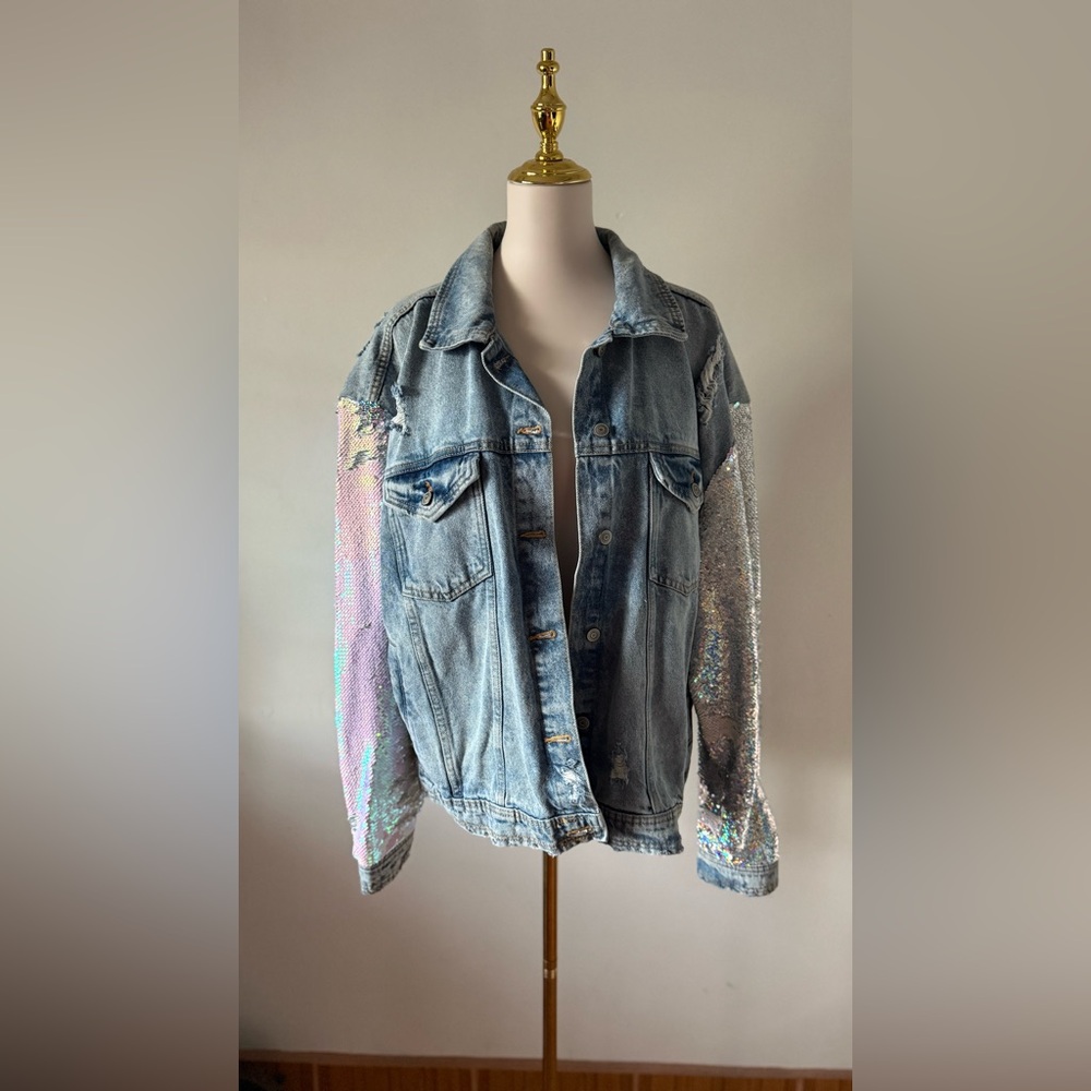Celebrity Pink Denim Jacket with Sequin Sleeves Rave Party